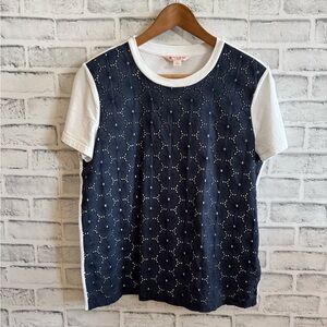 Women’s Brooks Brothers blue lace over white short sleeve shirt Large